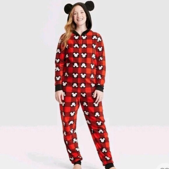 Disney 100 Women's Mickey Mouse Black Red Matching Family One Piece Union Suit - Picture 1 of 6